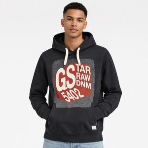 G-Star Raw Hoodie XXXL Black Graphic Pullover Sweatshirt Kangaroo Pocket